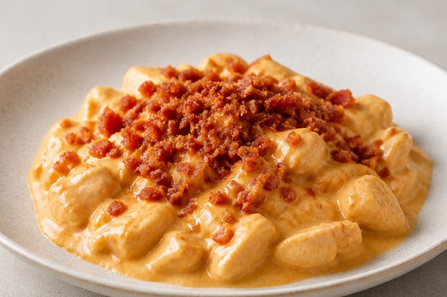 Estrogonofe de frango com cheddar e farofa de bacon