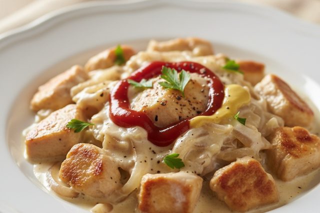 Estrogonofe de frango com creme de leite fresco
