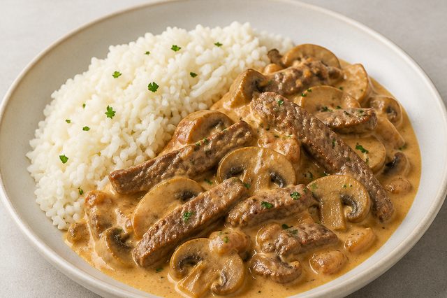 Estrogonofe de maminha com champignon e arroz branco
