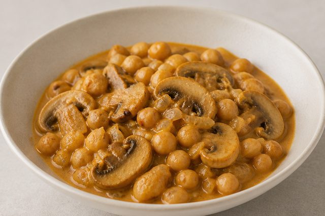 Estrogonofe vegetal de grão-de-bico e cogumelos