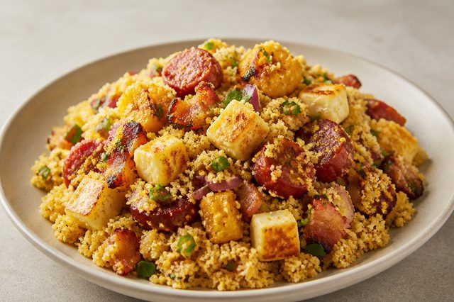 Farofa de cuscuz com banana, calabresa e queijo coalho