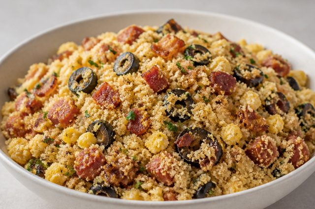 Farofa de pipoca com bacon e calabresa