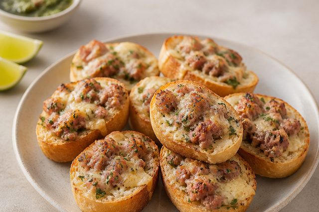 Fatias de pão francês recheado com linguiça e queijo