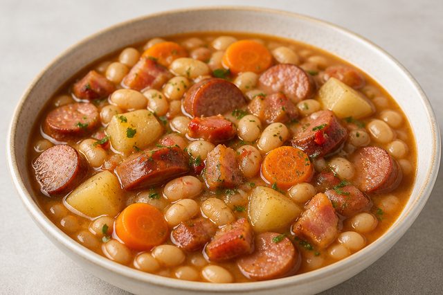 Feijão-branco com calabresa, bacon e legumes