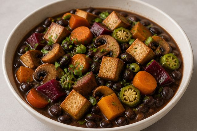 Feijoada de feijão-preto com tofu, cogumelos e legumes