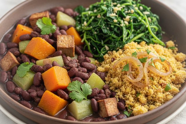 Feijoada de legumes e tofu com couve e farofa