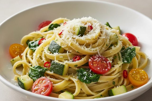 Fettuccine com abobrinha tomate e espinafre