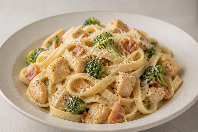 Fettuccine com frango bacon brócolis e nata