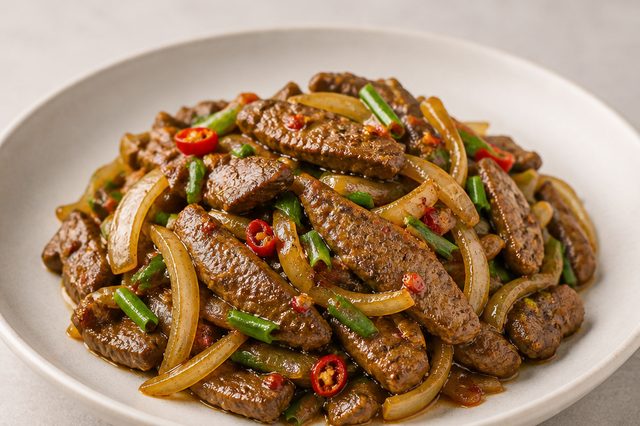 Fígado acebolado com shoyu e pimenta