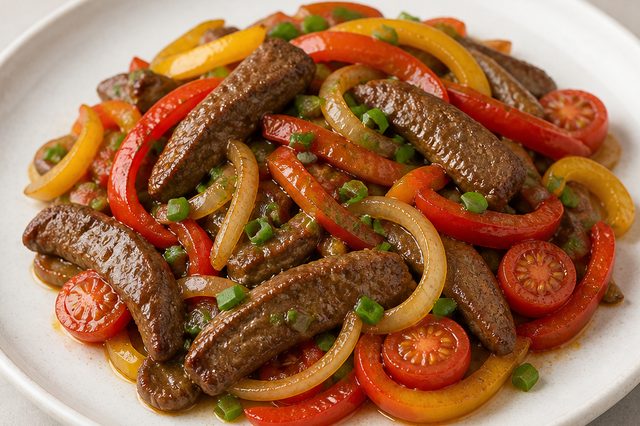 Fígado bovino com pimentões, cebola e tomate
