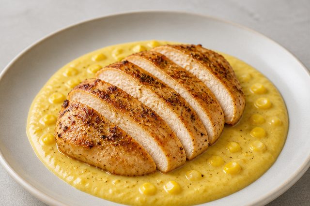 Filé de frango com creme de milho peneirado