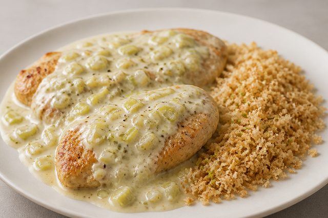 Filé de frango com molho de alho-poró e farofa de panko