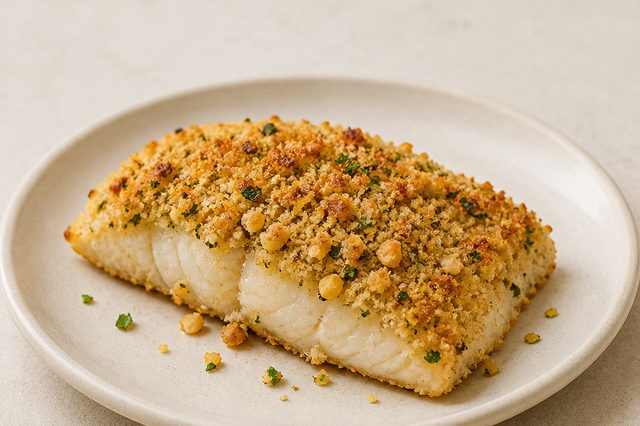 Filé de peixe com crosta de castanha e panko