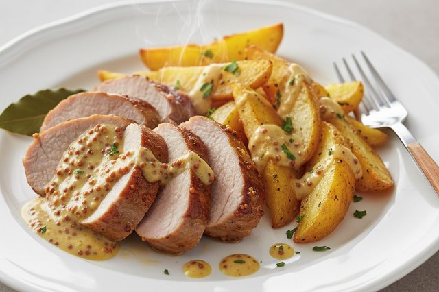 Filé mignon suíno com batatas e mostarda