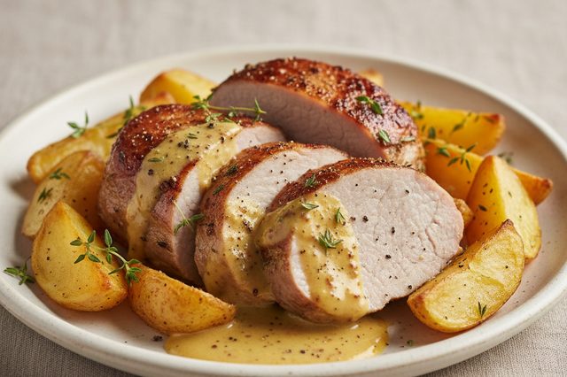 Filé suíno assado com batatas e mostarda
