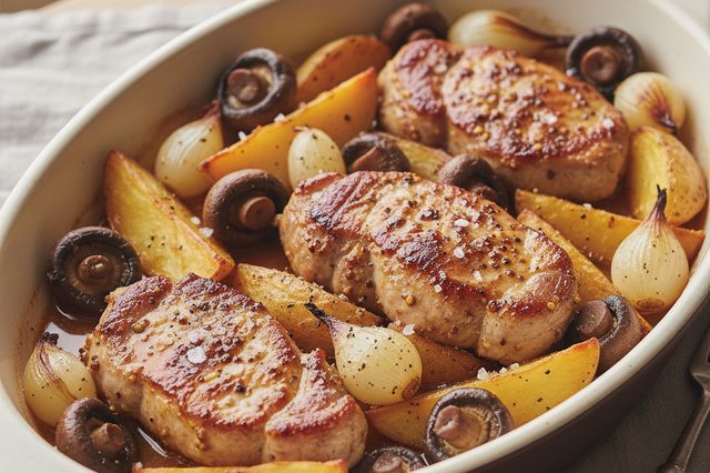 Filé suíno com batatas e cogumelos no forno