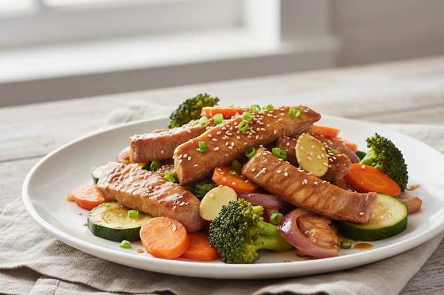 Filé suíno salteado com legumes e gengibre