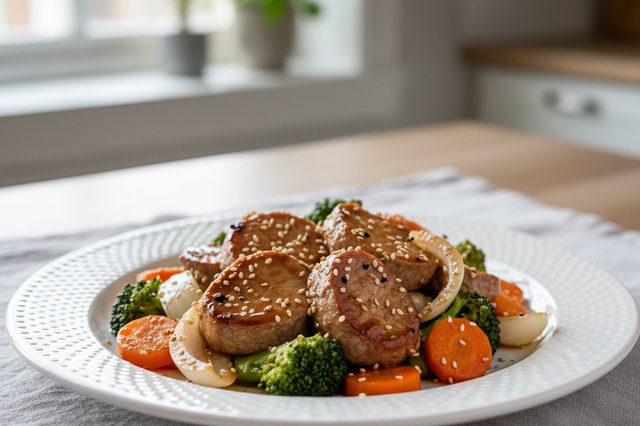 Filé suíno salteado com legumes e shoyu