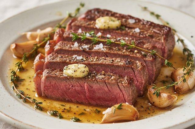Flat iron na manteiga com alho e tomilho