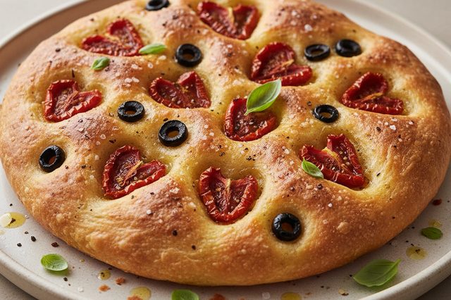 Focaccia com tomate seco e azeitonas