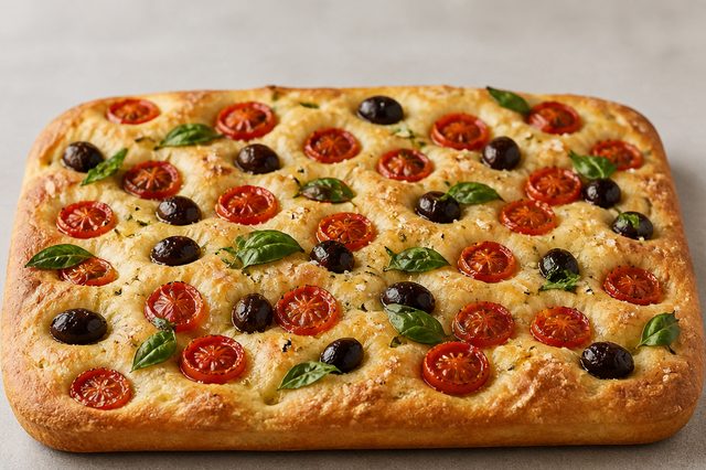 Focaccia de tomate, azeitona e manjericão
