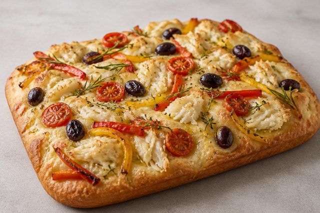 Focaccia sem sova com bacalhau e ervas