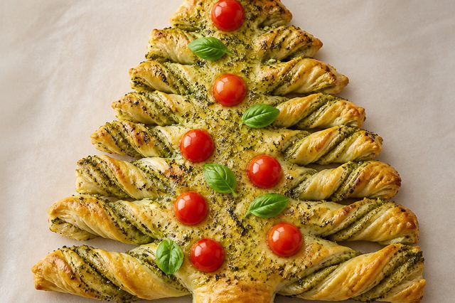Folhado de bacalhau em forma de árvore de Natal