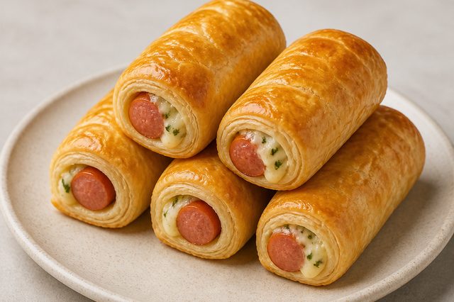 Folhado de salsicha com recheio cremoso de queijos