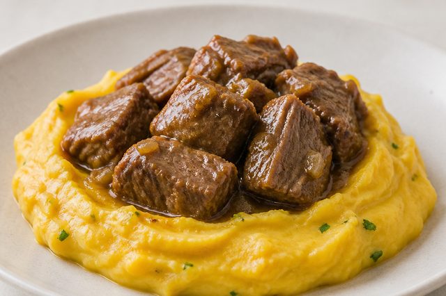 Fraldinha na pressão com purê de batata e abóbora