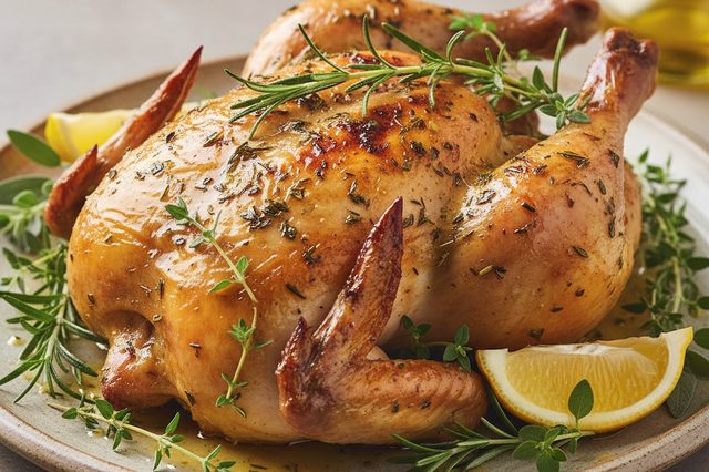 Frango aberto assado com manteiga de ervas