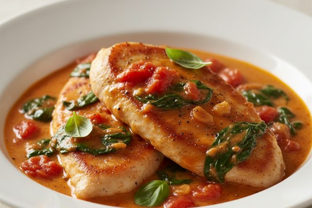 Frango ao creme de tomate e espinafre