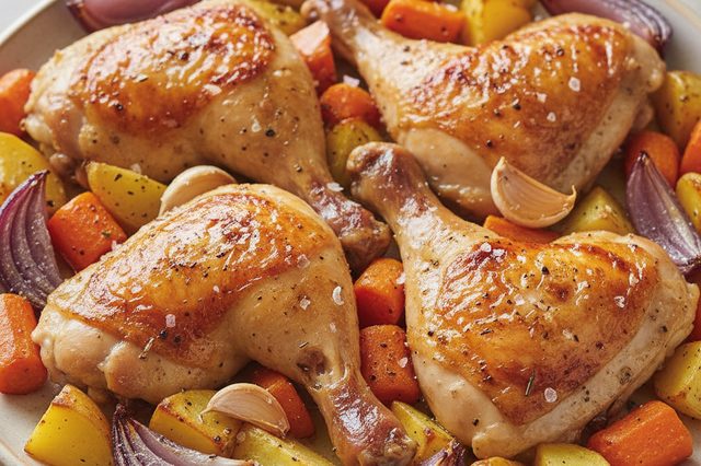 Frango assado com batata cenoura e cebola