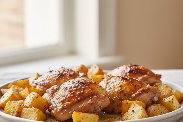 Frango assado com batatas mel e mostarda