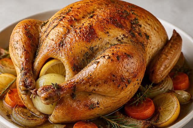 Frango assado com manteiga de ervas e molho de mel