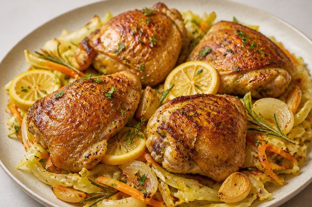 Frango assado crocante sobre repolho e legumes