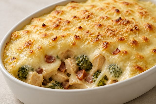 Frango com brócolis e bacon gratinado com creme de batata