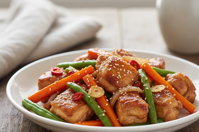 Frango com cenoura vagem e shoyu