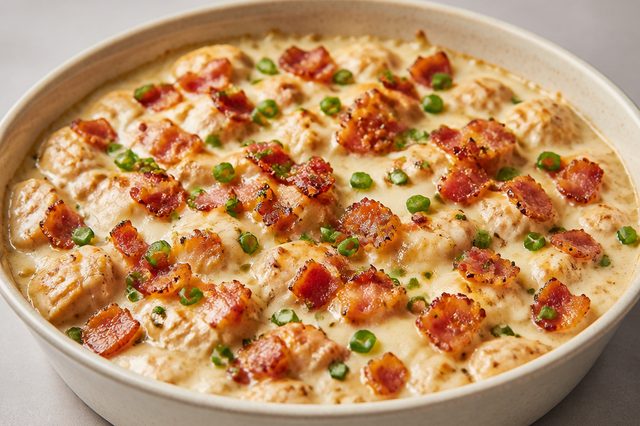 Frango com creme de batata e requeijão coberto com bacon
