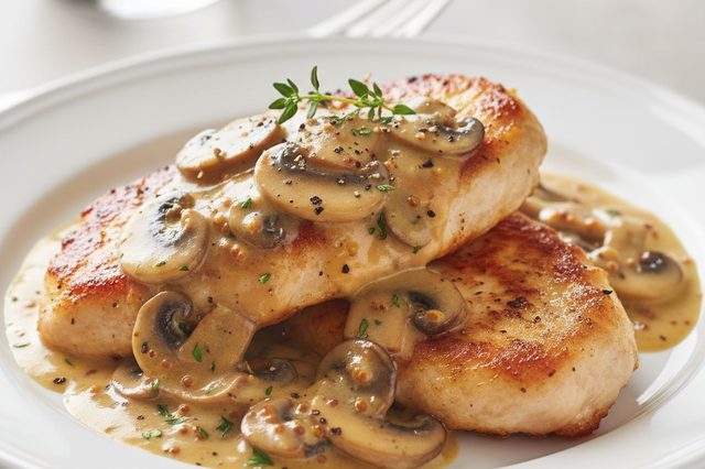 Frango com molho cremoso de cogumelos e mostarda