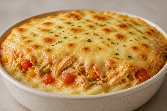 Frango cremoso gratinado sobre purê de batata
