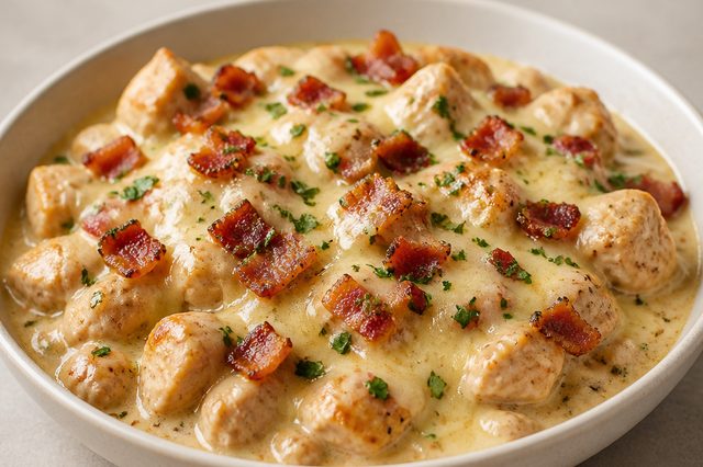 Frango em cubos com creme de bacon e muçarela