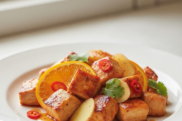 Frango em cubos com laranja gengibre e pimenta