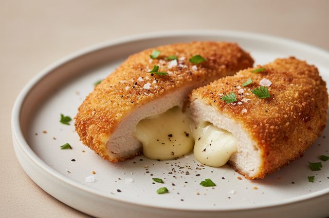 Frango empanado recheado com queijo meia-cura