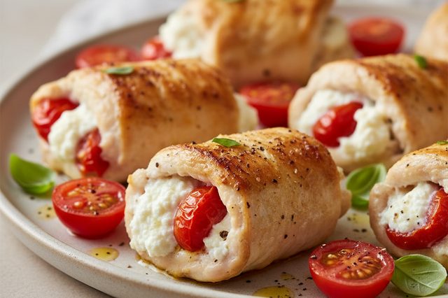 Frango enrolado com ricota e tomate-cereja