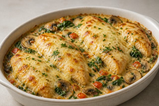 Frango gratinado com cogumelos e espinafre