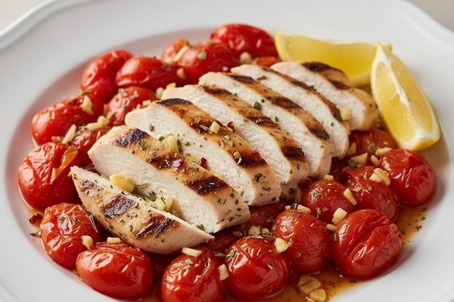 Frango grelhado com tomate-cereja e alho