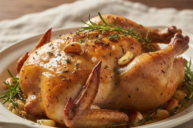 Frango inteiro assado com alho e manteiga