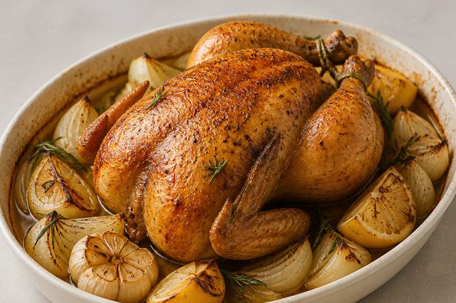 Frango inteiro assado com limão-siciliano alecrim e cebolas
