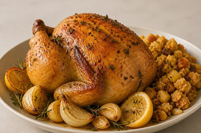 Frango marinado em cítricos com farofa de abacaxi