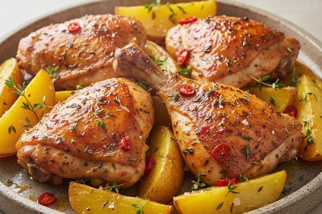 Frango picante assado com batatas e tomilho